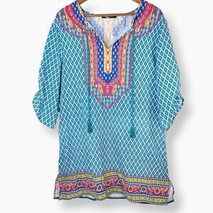 NWT Urban Coco Floral Aztec Diamond Boho Bohemian Kaftan Mini Beach Dress Sz L
